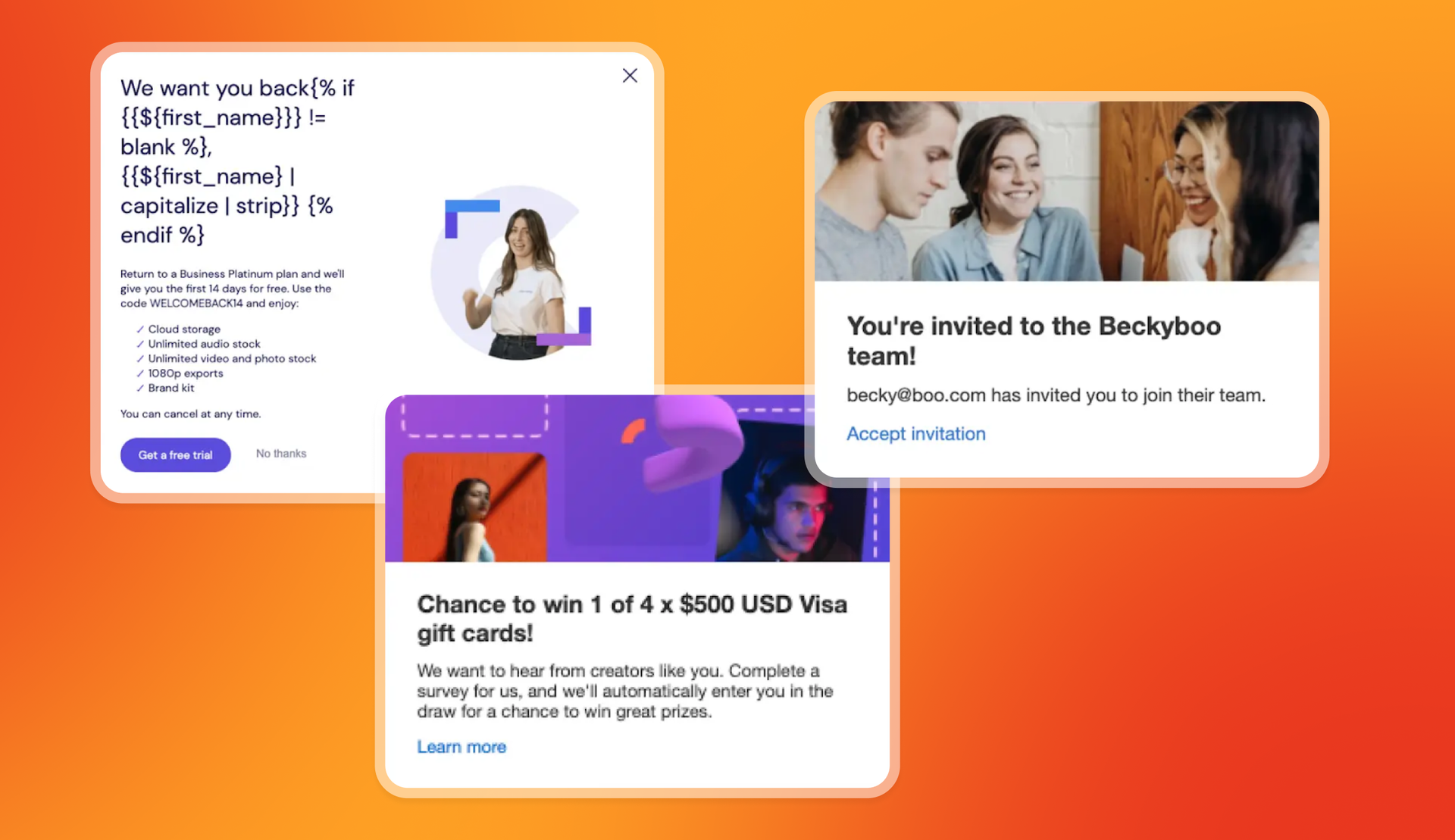 Three overlapping pop-up windows displaying a "welcome back" offer, a team invitation, and a gift card giveaway, on an orange gradient background.