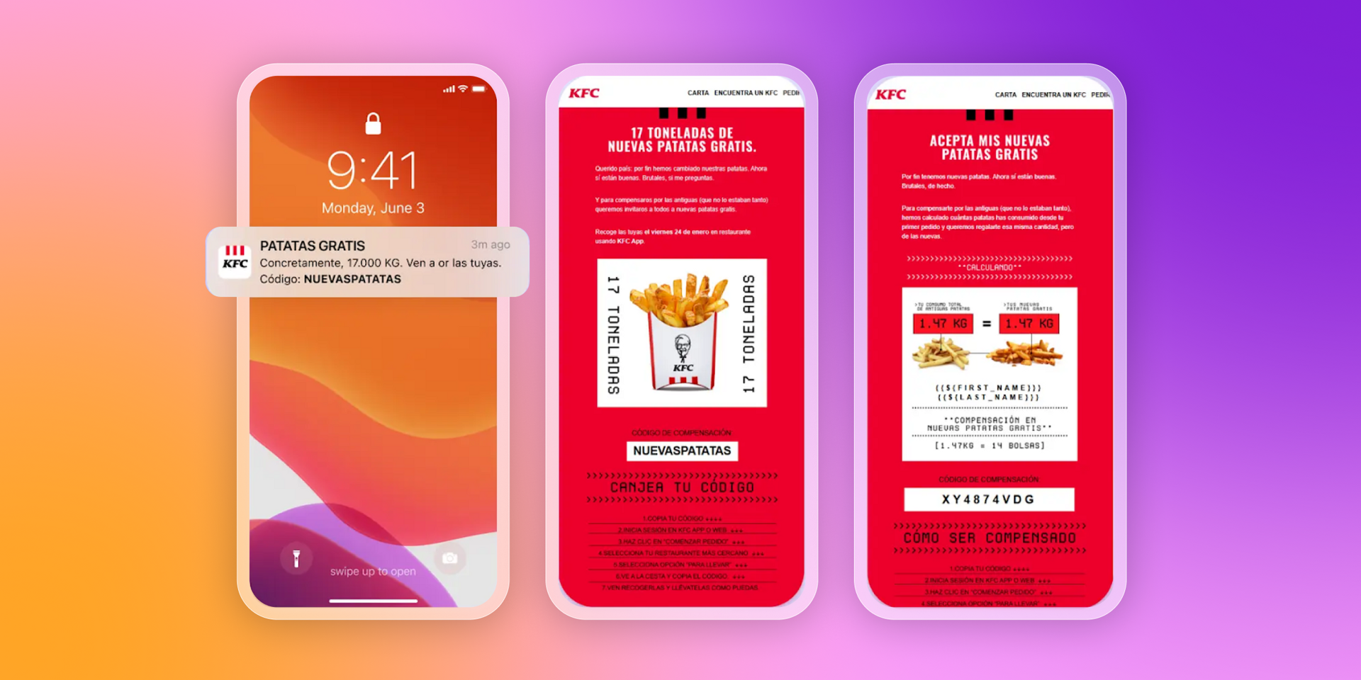 A smartphone displays a KFC notification for free fries, alongside two screens showing a promotional email and a redemption page for the offer.