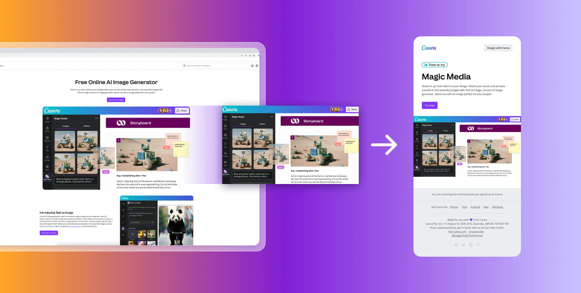 Canva designs showing an AI image generator webpage adapting from desktop to mobile, featuring Magic Media.