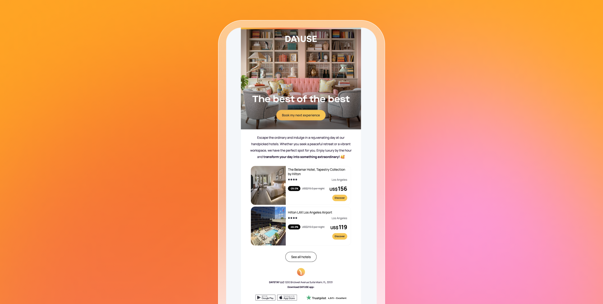 Mobile phone showing the DAYUSE hotel booking app with hotel listings and prices.