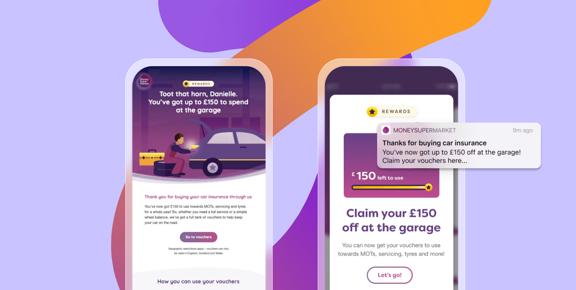 Two phones showing emails and a push notification from MoneySuperMarket about car insurance