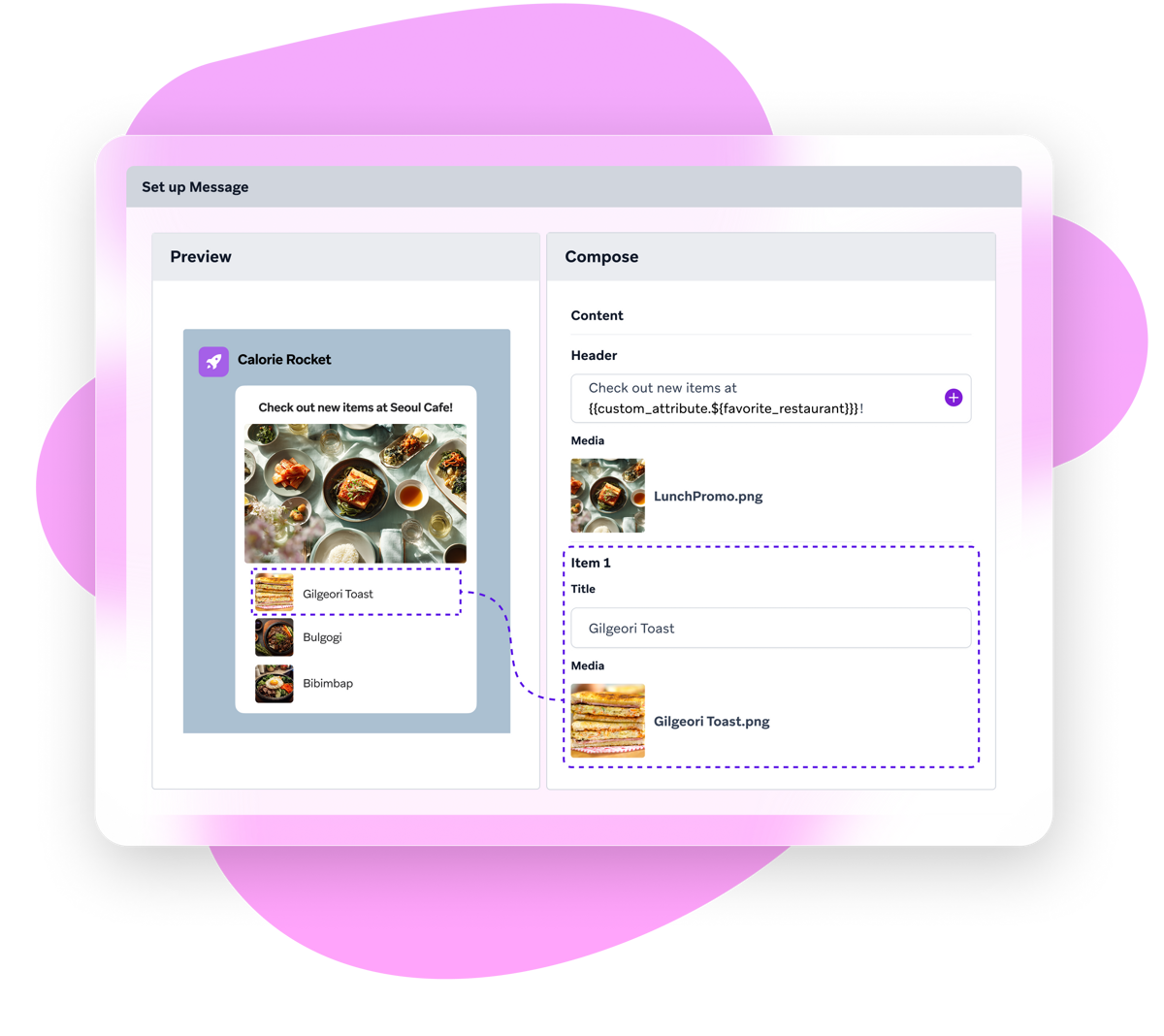 A software interface for composing and previewing mobile messages, showing a food promotion with items like "Gilgeori Toast" in a mobile preview on the left and editable content fields on the right.