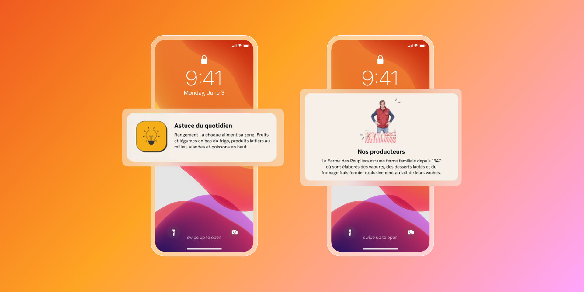 Two iPhones on an orange background, displaying lock screen notifications in French: a 'daily tip' and 'our producers' information.