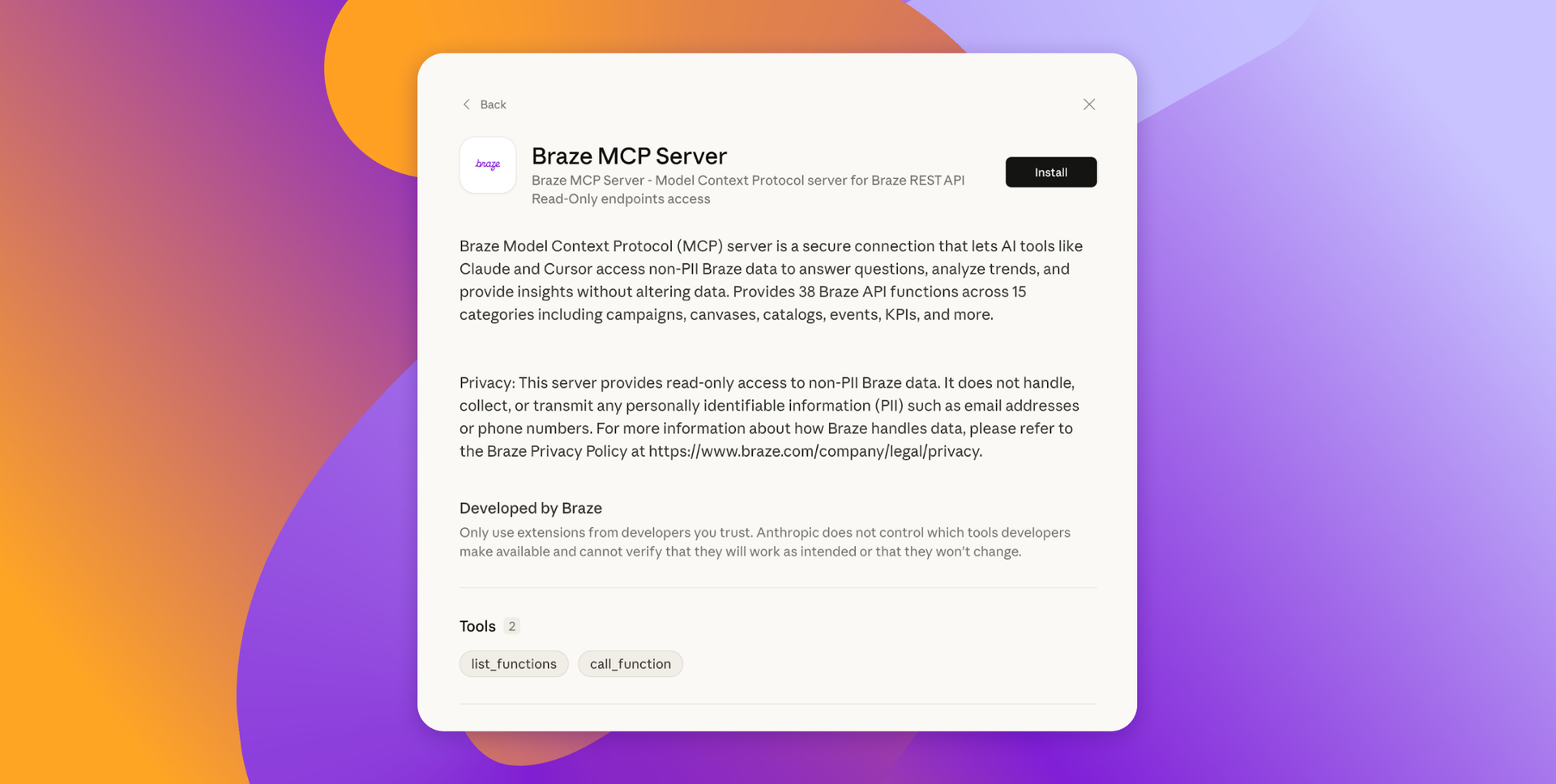 Braze MCP Server installation screen with an 'Install' button, detailing its function for AI tools to access non-PII Braze data.
