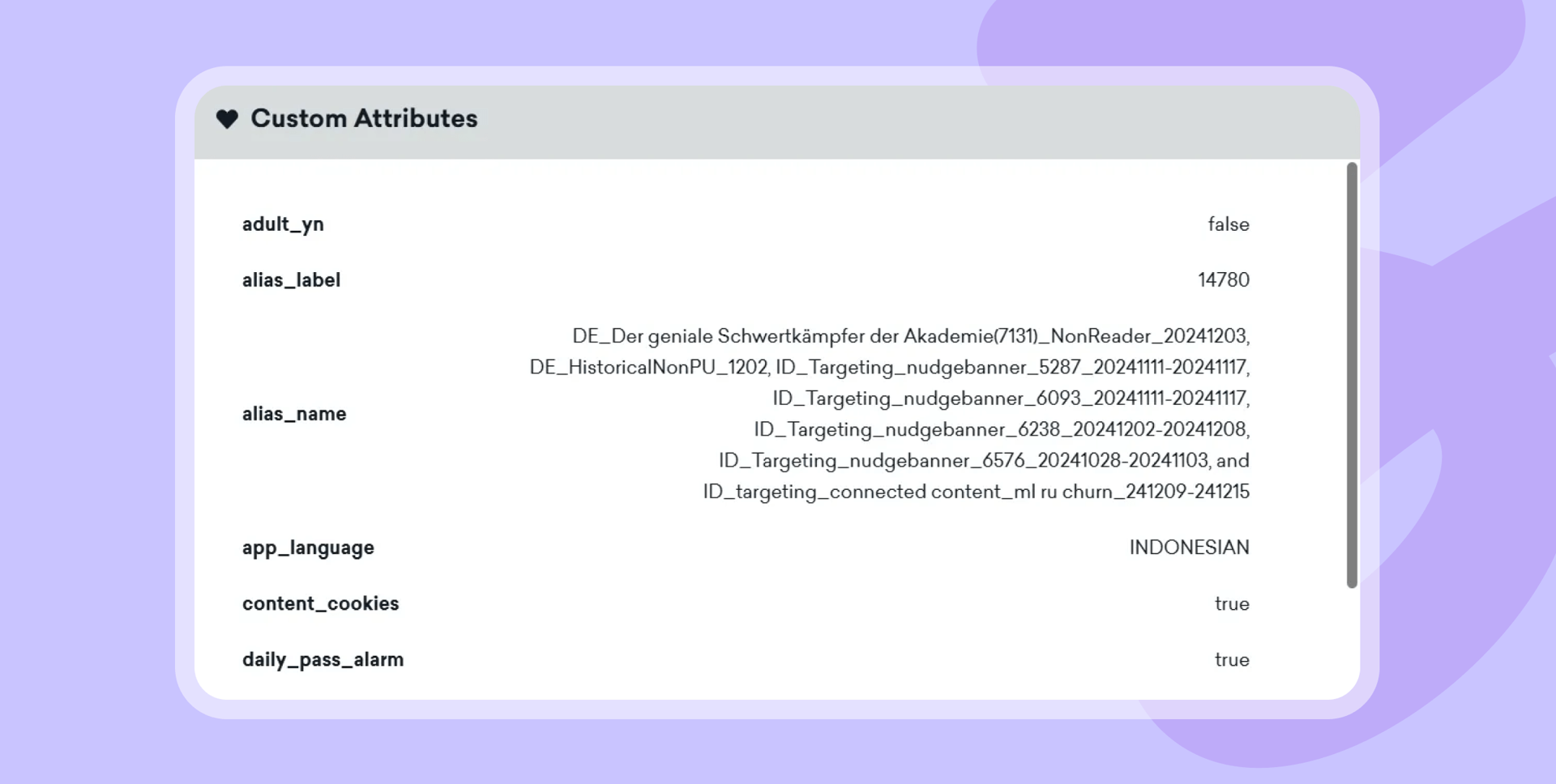 a screen shows a list of custom attributes