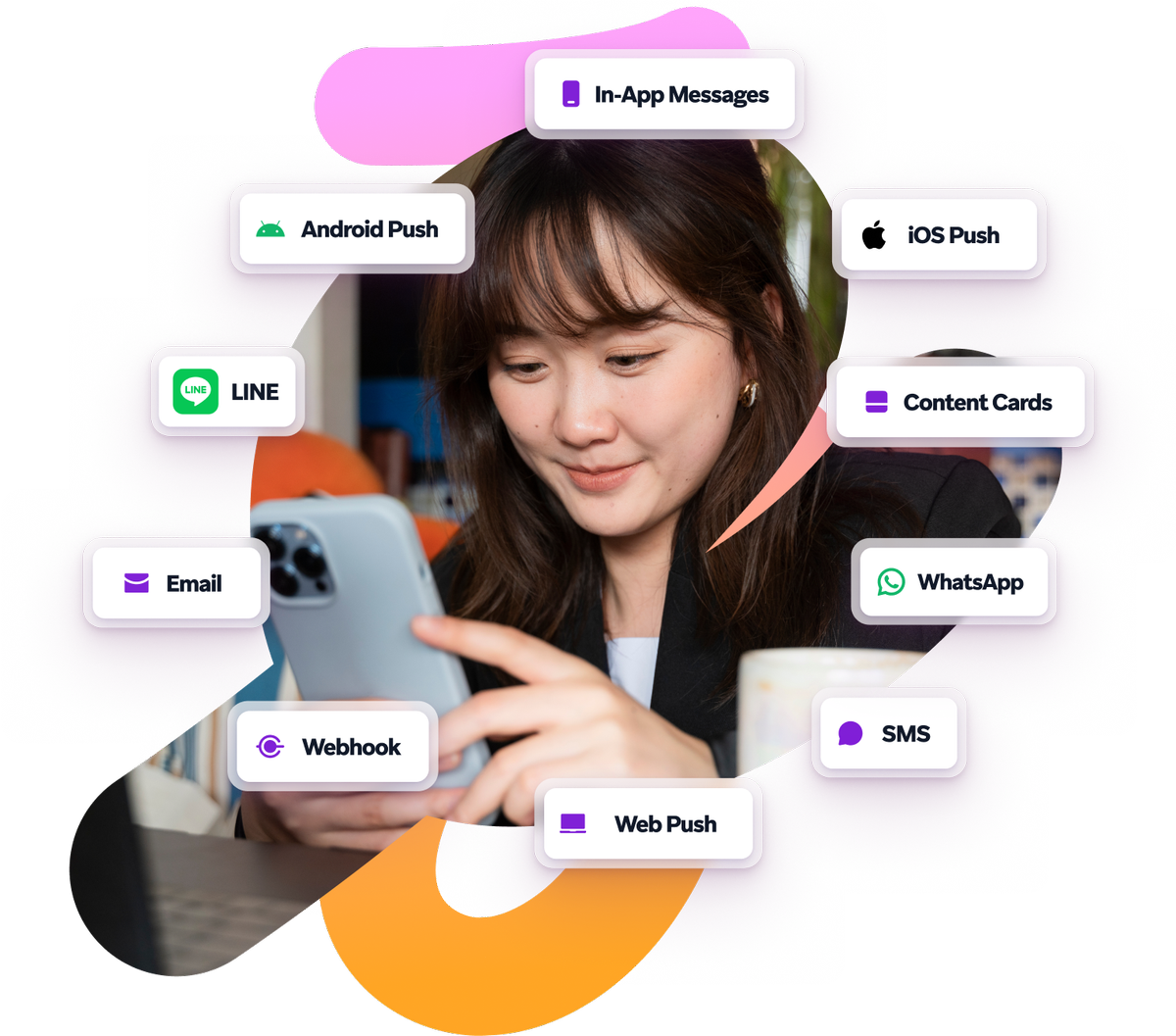 a woman is looking at her phone with a speech bubble that says in-app messages