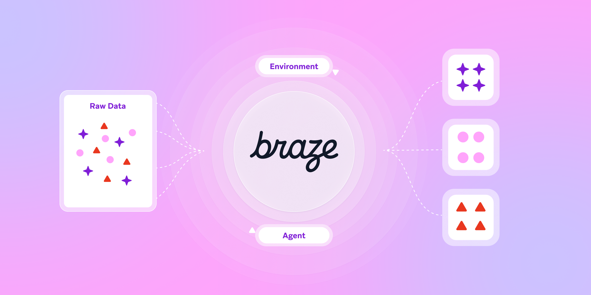 Flow diagram shows Braze processing mixed raw data (stars, circles, triangles) into three distinct groups: purple stars, pink circles, and red triangles.