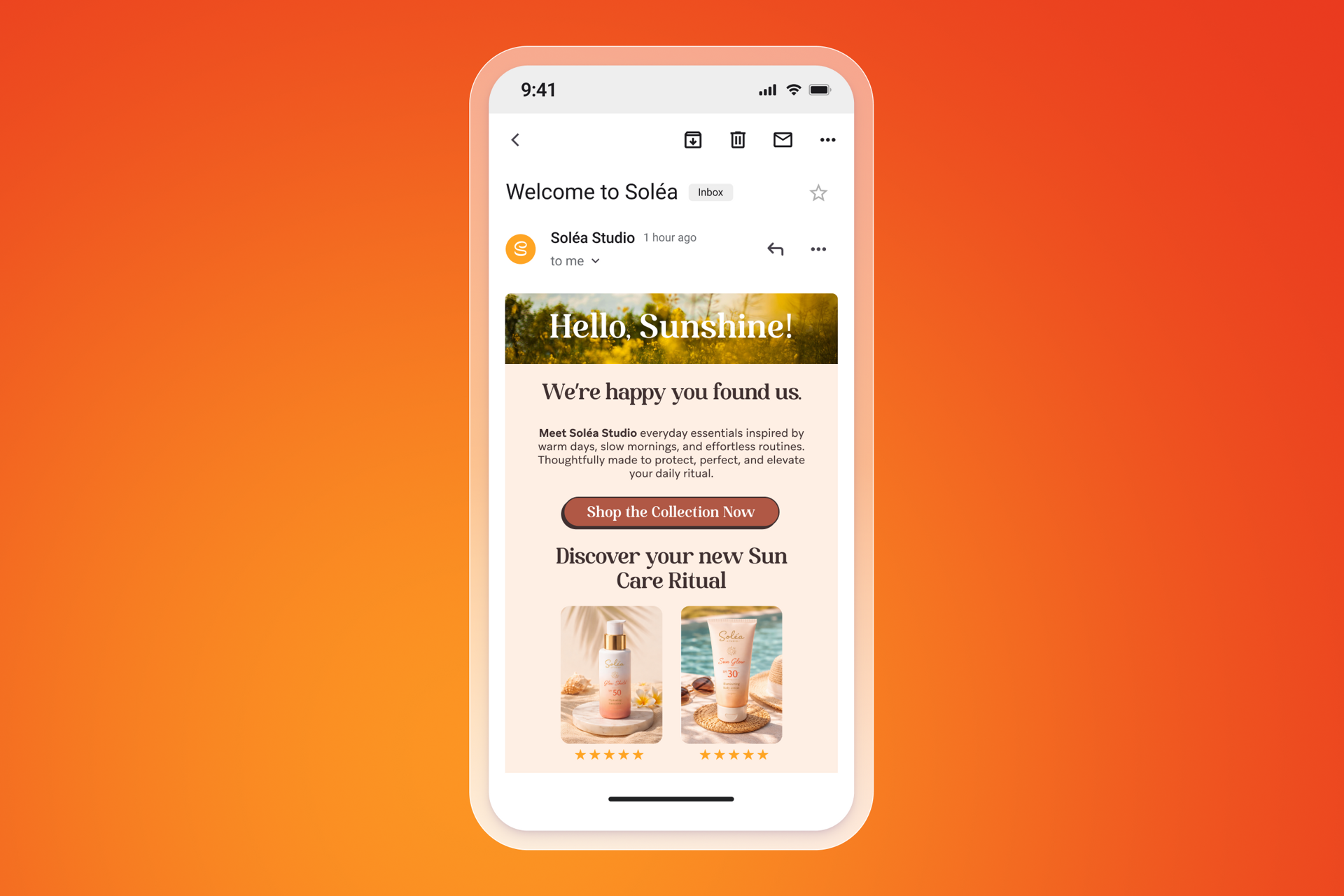 A mobile phone displaying a Soléa Studio welcome email promoting sun care products.