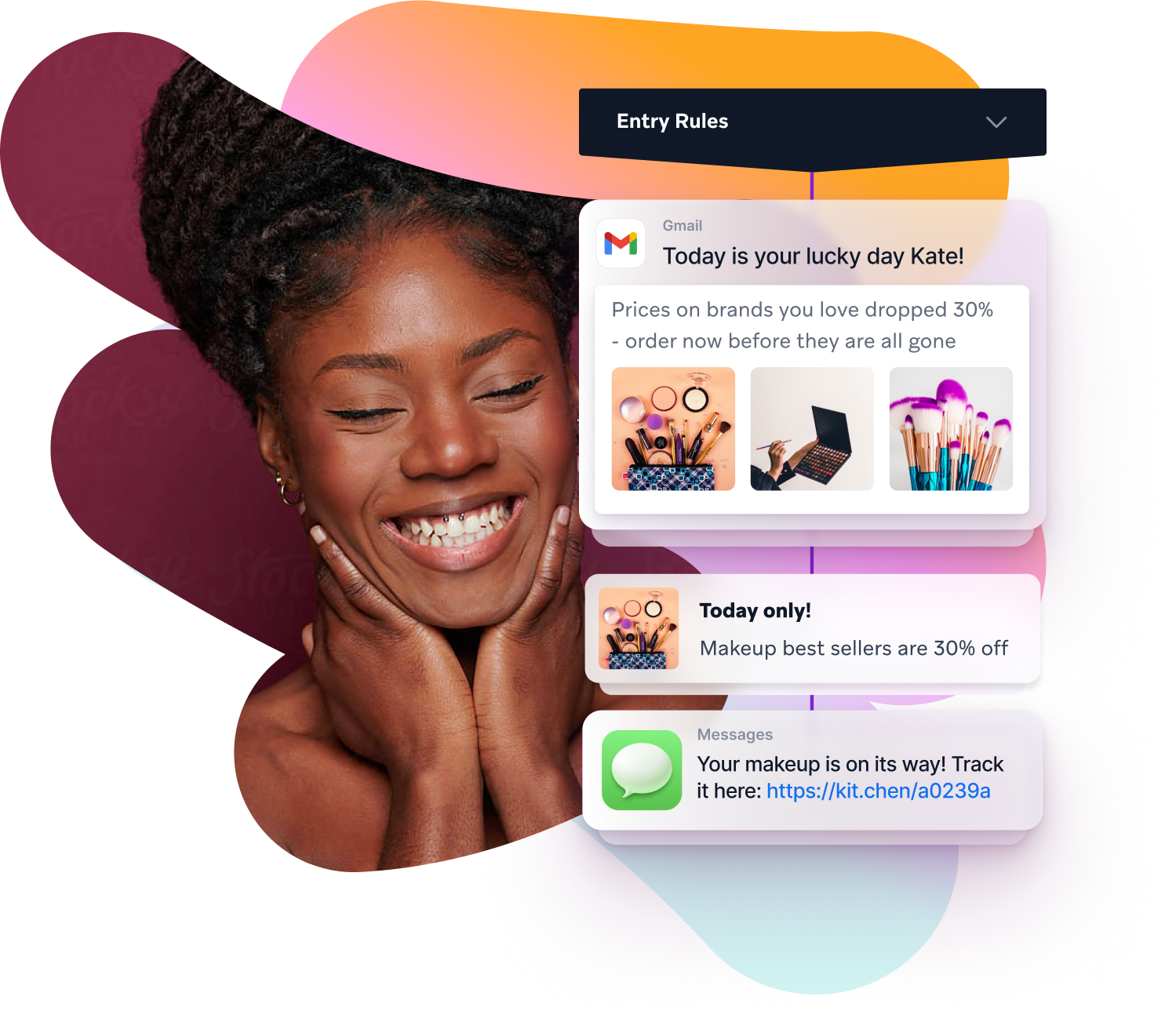 Cross-channel marketing solutions with a woman is smiling in front of a screen that says entry rules