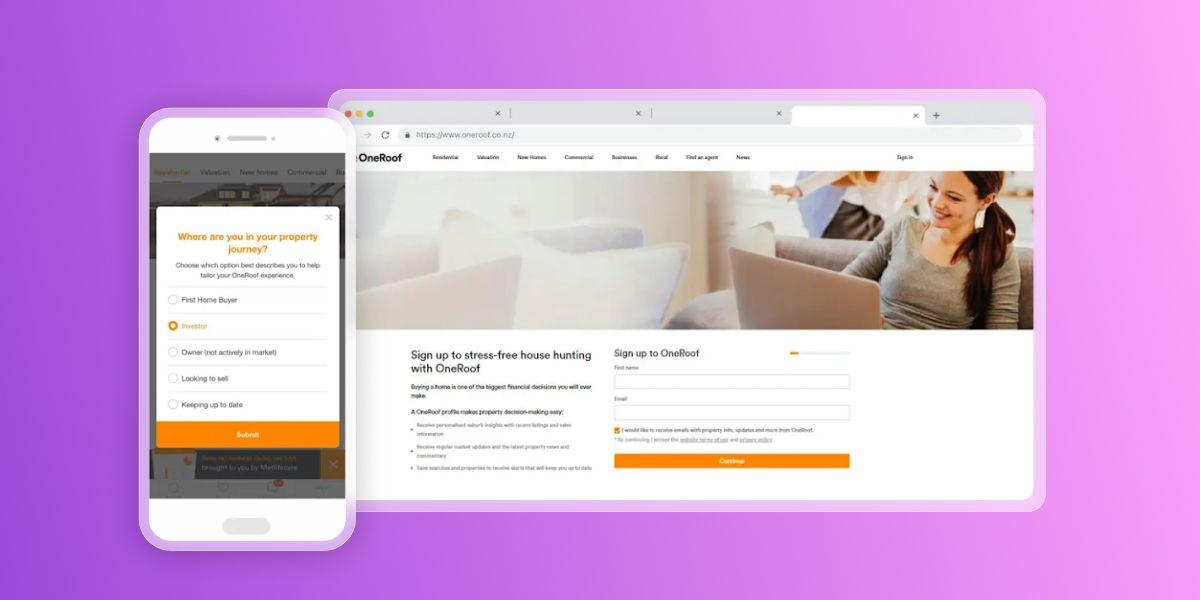 Property website OneRoof shown on a mobile phone with a questionnaire and a laptop with a sign-up form.