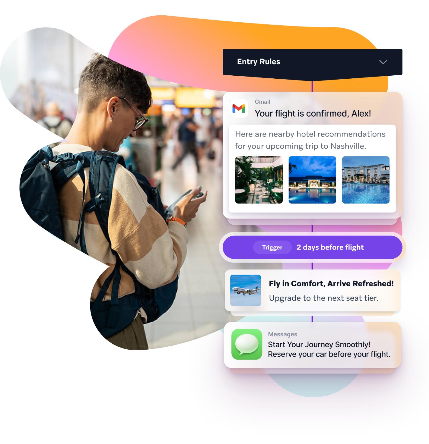 a man with a backpack is looking at his phone with a gmail message that says your flight is confirmed alex