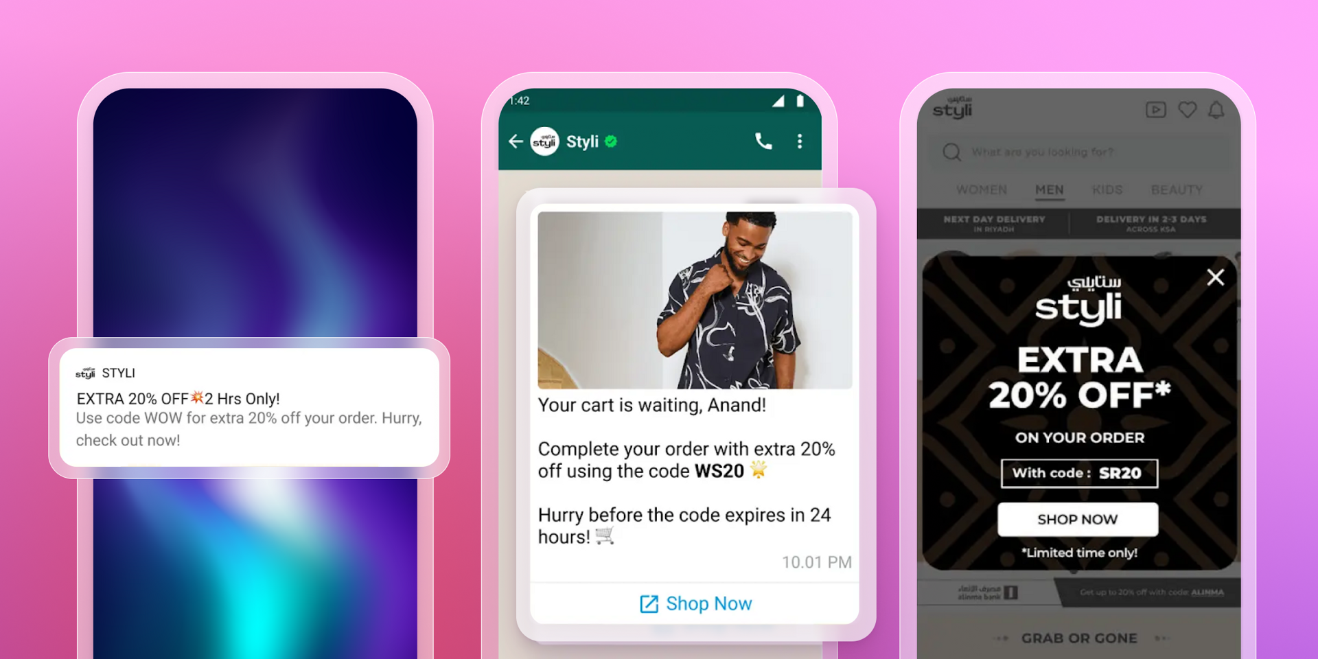 Three smartphones display Styli promotional messages offering an extra 20% off via push notification, WhatsApp, and an in-app pop-up.