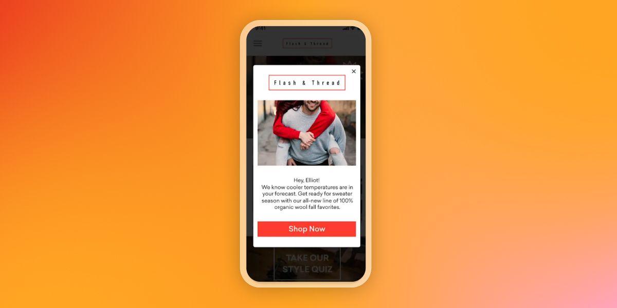 A smartphone displays a Flash & Thread pop-up ad for sweater season, featuring a person and a "Shop Now" button.