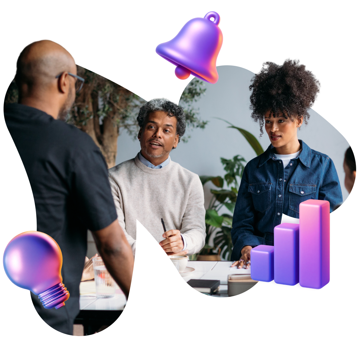 Three people in a meeting, with 3D icons of a purple bell, lightbulb, and bar chart.