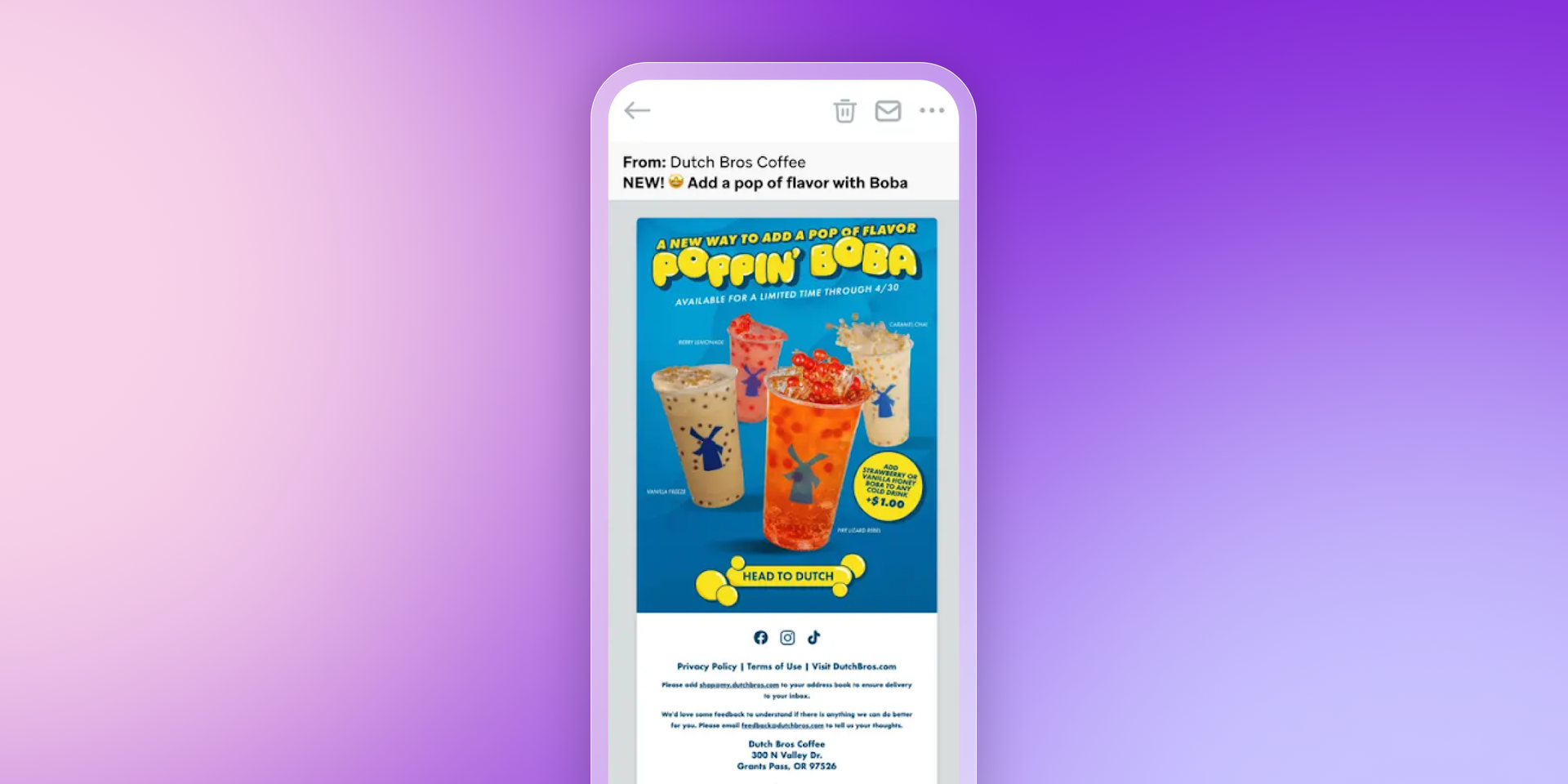 A smartphone displays a Dutch Bros Coffee email advertising "Poppin' Boba" drinks.