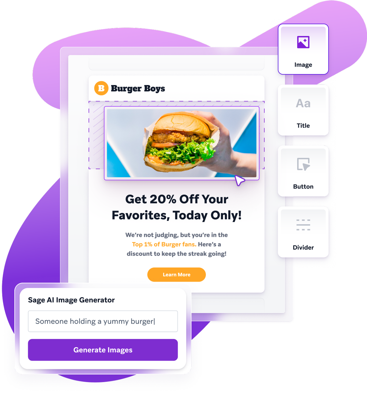 an advertisement for burger boys that says get 20 % off your favorites today only