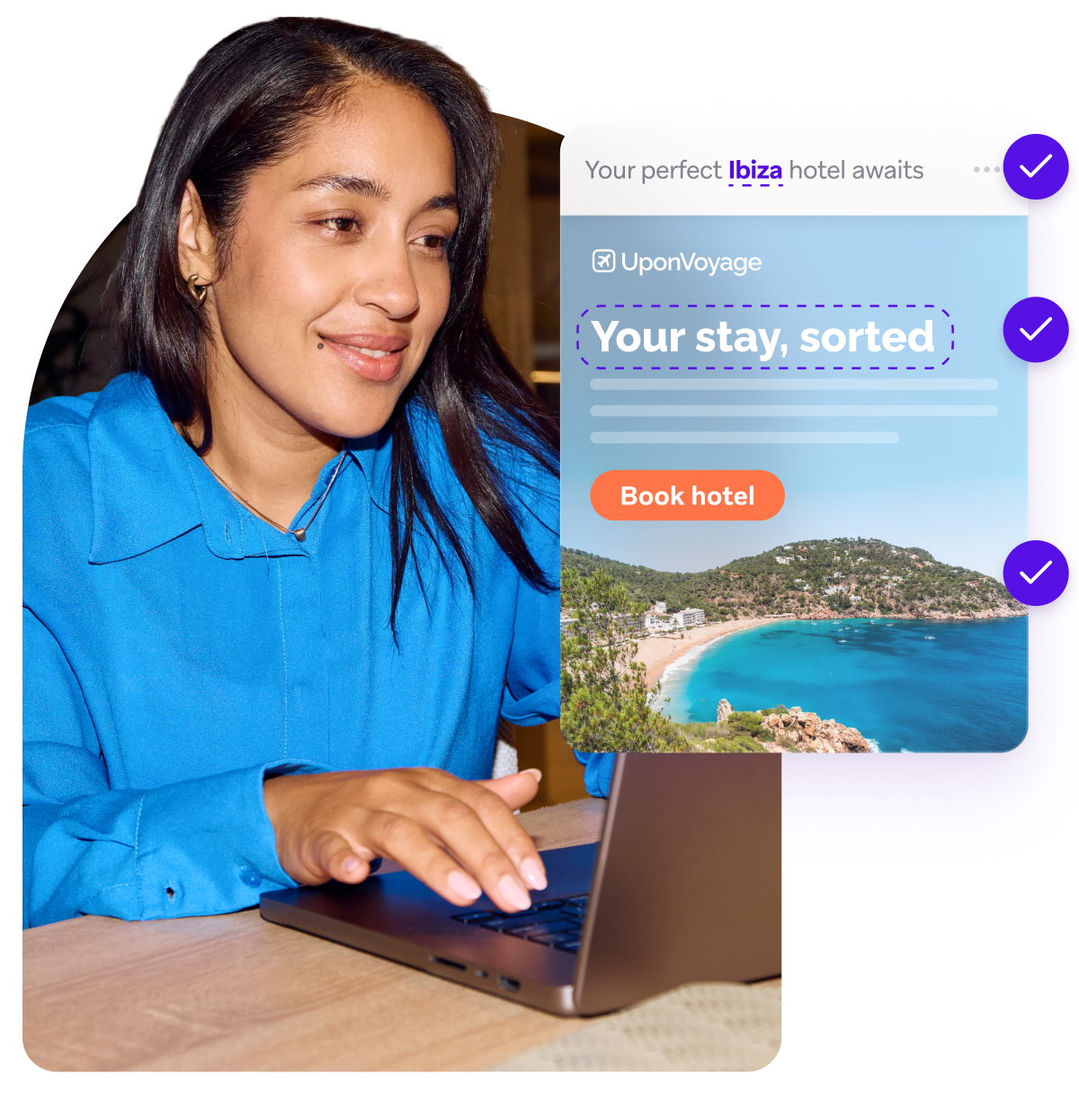 Woman using a laptop beside an UponVoyage ad for booking an Ibiza hotel, featuring a turquoise coastal bay.