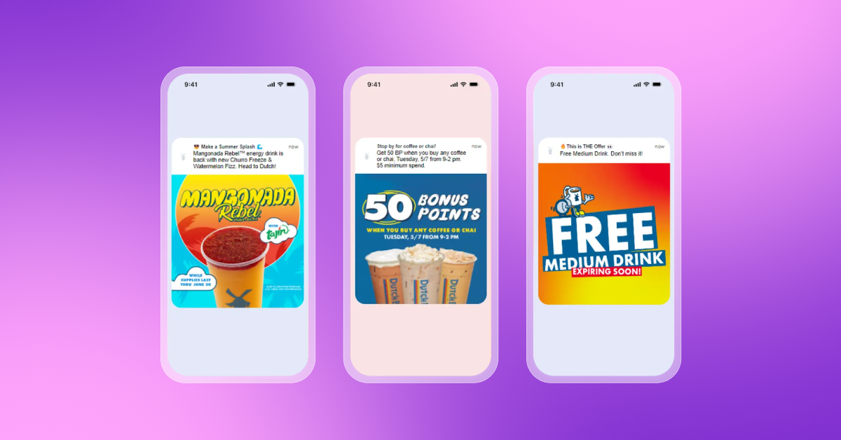 three cell phones with advertisements for a free medium drink