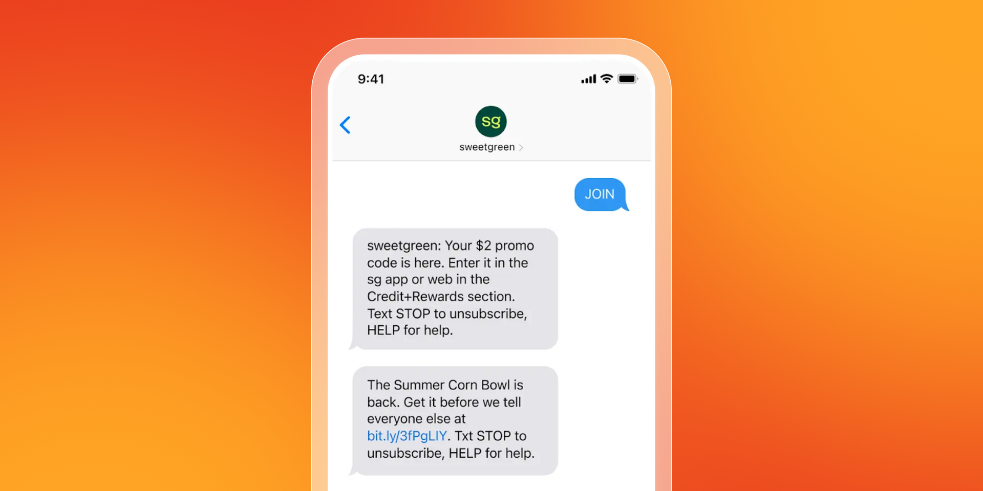 text messages from sweetgreen about promo codes