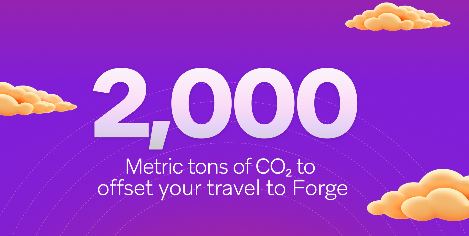 Text: 2,000 Metric tons of CO2 to offset your travel to Forge, on a purple background with clouds.